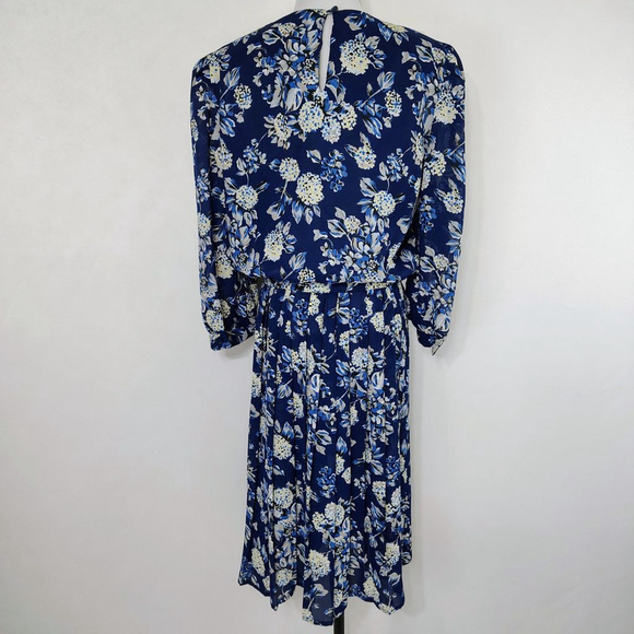 Vintage 80s Lisa II Women's Blue Floral Blouson Midi Dress size 12 Cottagecore - Picture 5 of 9